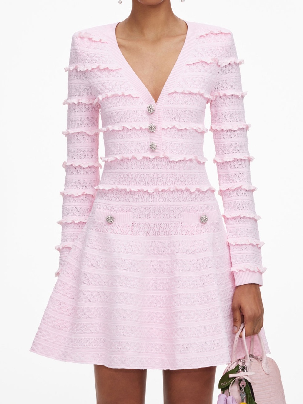 NWOT Self-Portrait Pink Pointelle Diamante Knit Mini Dress, Size S/M/L